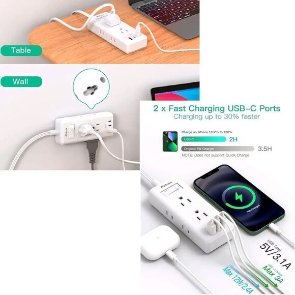 Travel 5 Foot 9 in 1 Power Strip And Type C Plug Adapter Cruise Bundle - Picture 6 of 16